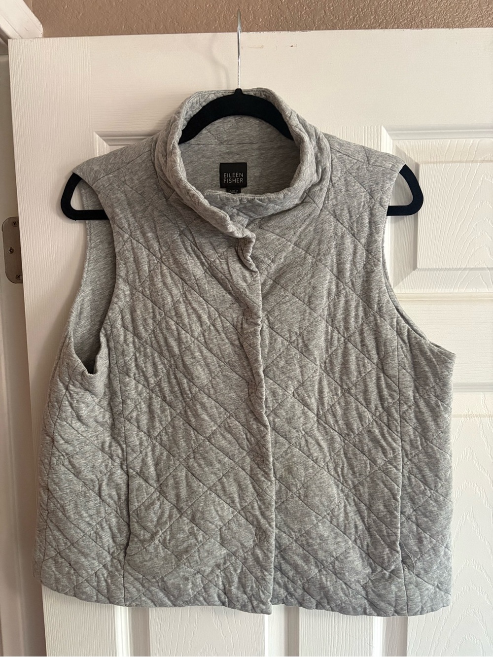Eileen Fisher gray vest cotton comfy gray snap buttons mock neck cottagecore L